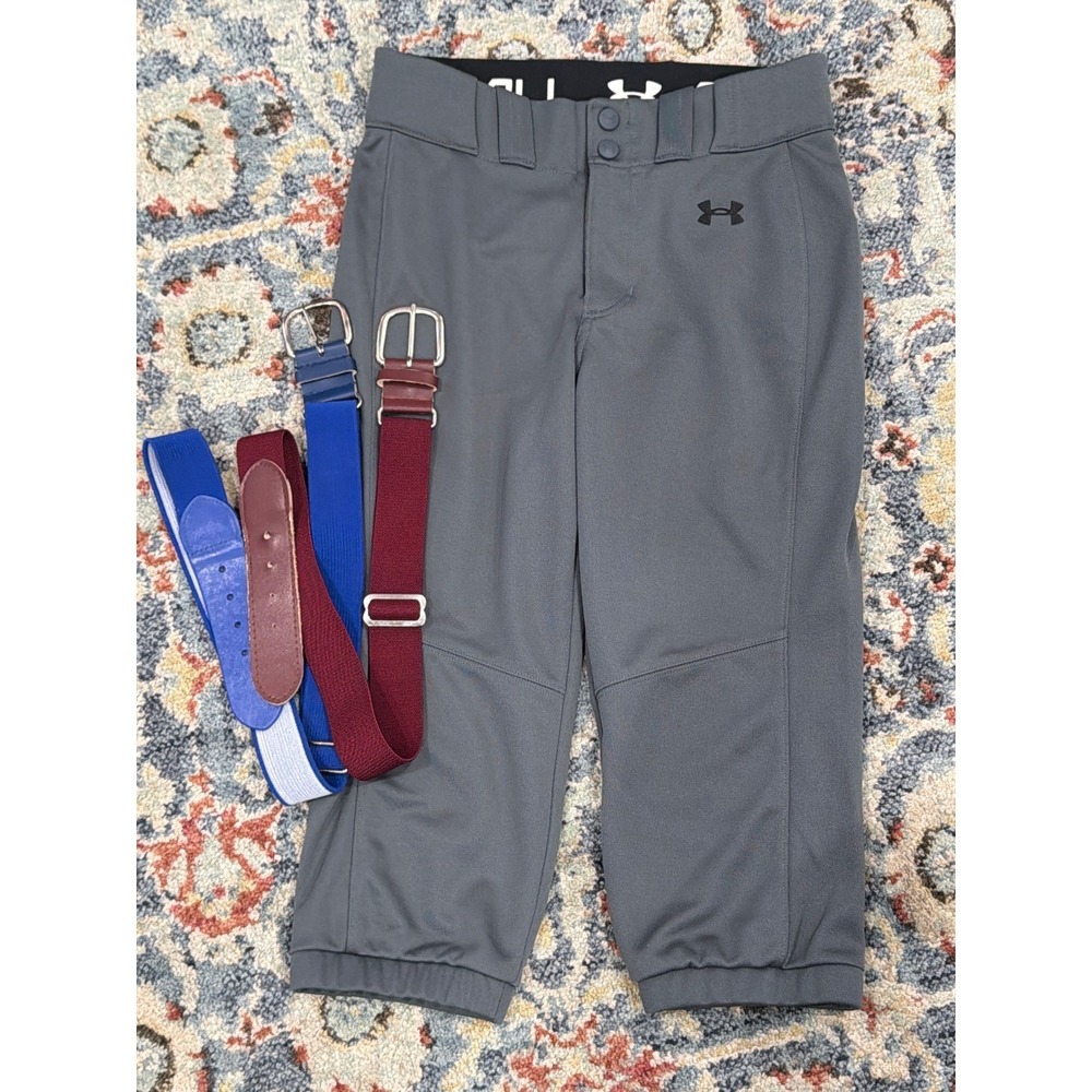 Under Armour Softball Pants Women XS Gray 2 Belts Bundle Athletic Sport EUC